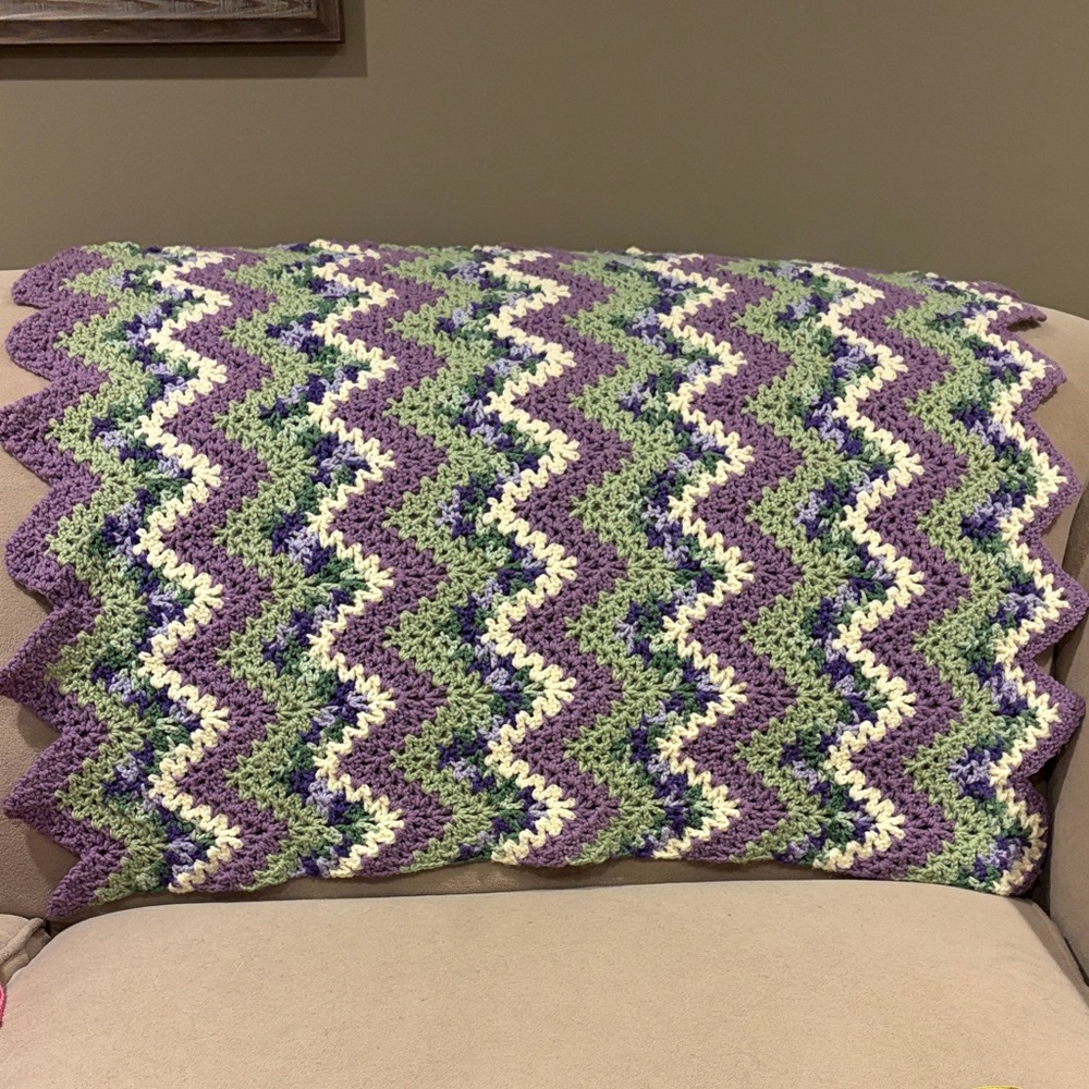 Chevron Knit baby/lap Blanket in Purple & Green 32 inches long, 28 inches wide